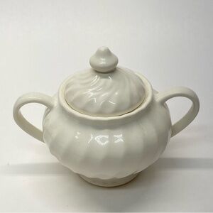 Vintage White Swirl Pattern Sugar Bowl w/ Lid & Handles Unmarked Cottagecore